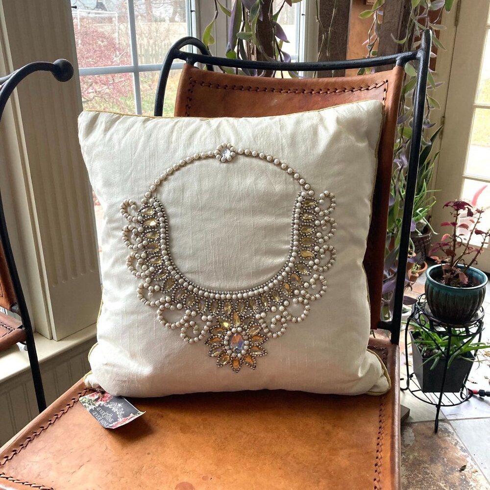 Ivory Cream Taffeta Pillow With Rhinestone & Pearl Necklace Design  - NWT